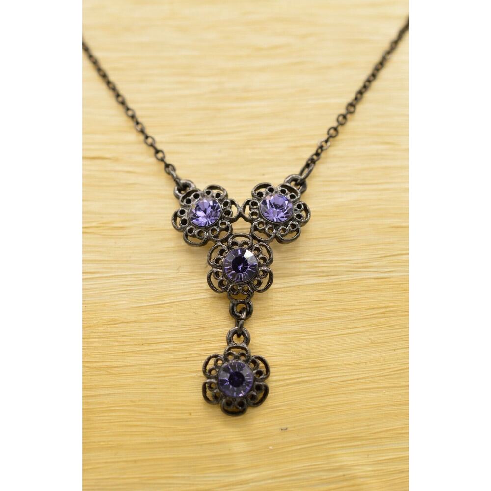 1928 Vintage Crystal Flower Collar Necklace Purple Rhinestone Pendant 80s Bin2C